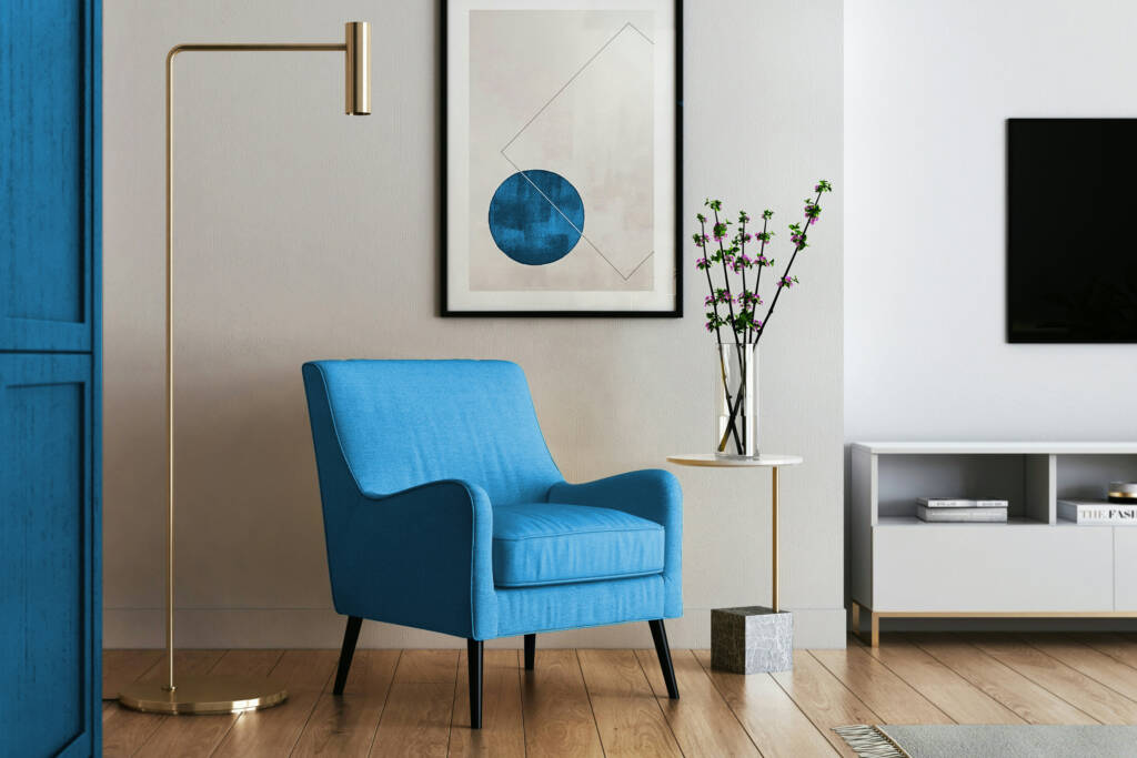 Blue furniture inside the home.
